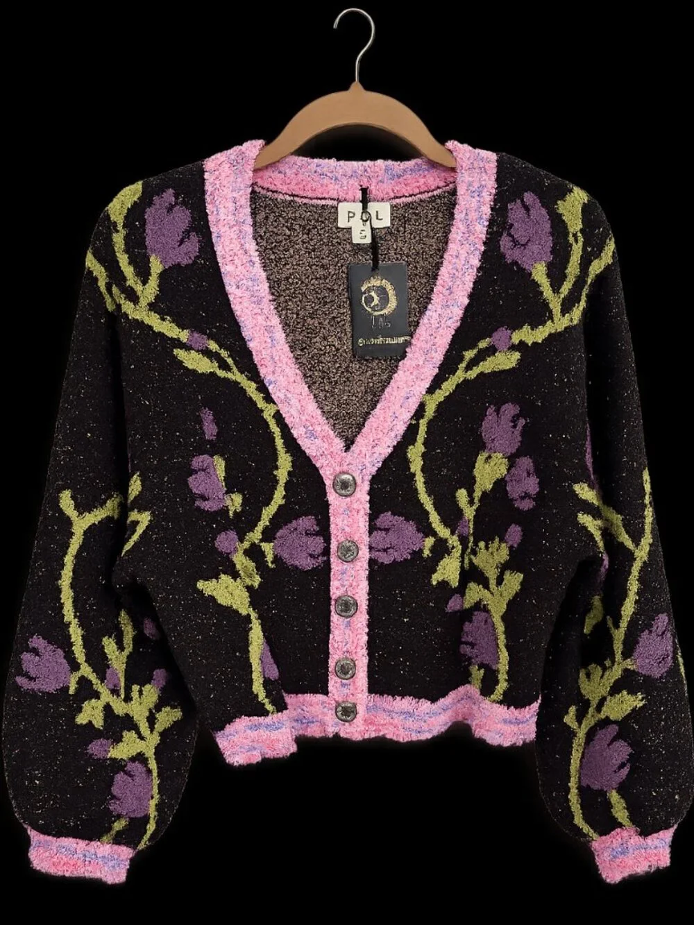 NWT POL Thick Plush Floral Jacquard Cardigan Pink Trim Cropped Cozy Boho Sweater